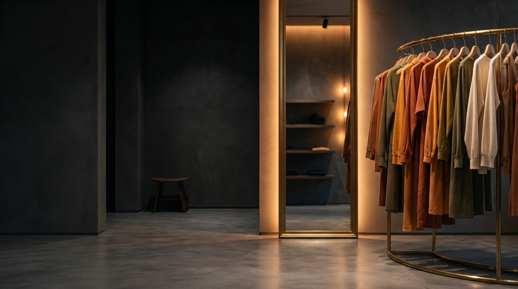 Boutique da CASA ART · arara de roupas em tons naturais e provador iluminado