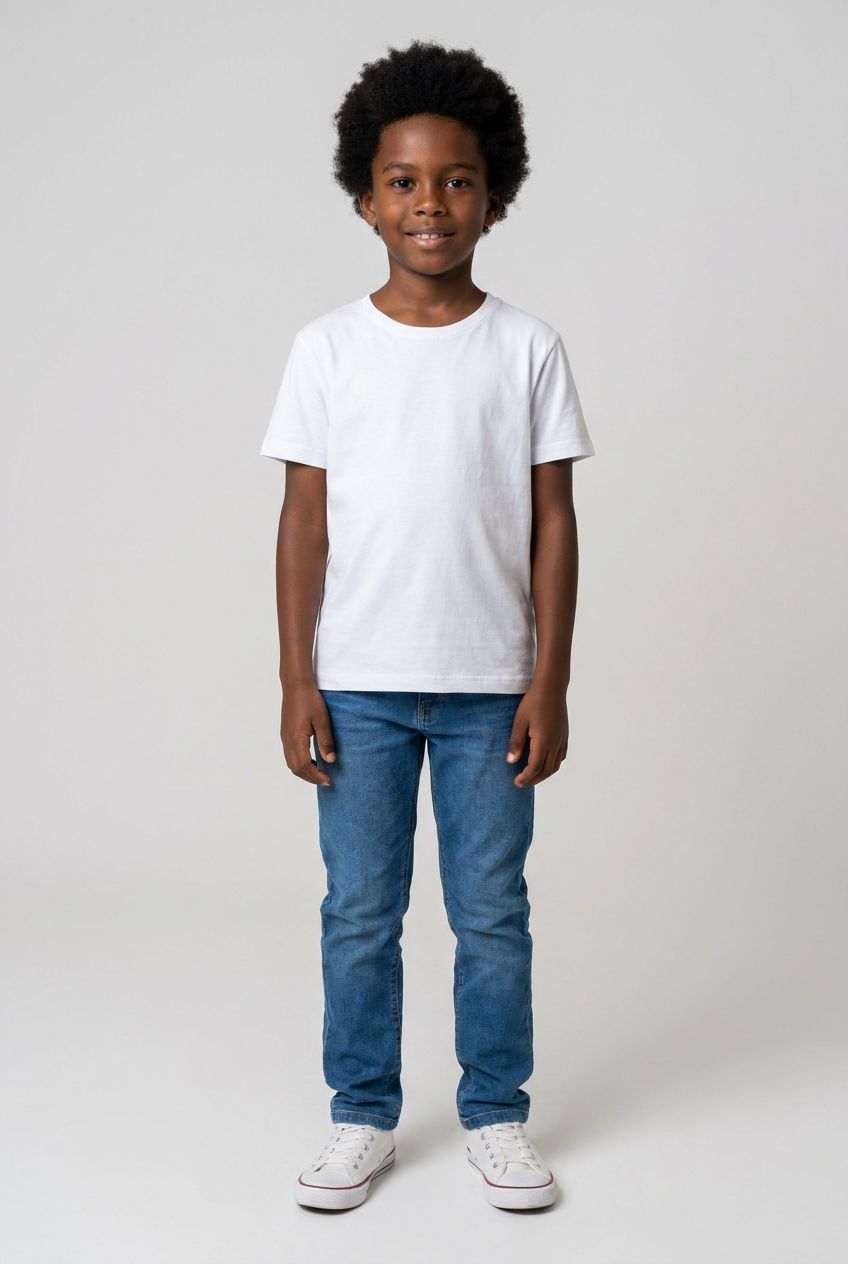 Benício, modelo infantil da casa, de corpo inteiro com camiseta branca e jeans em estúdio claro