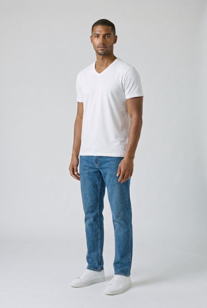 Caio, modelo da casa, de corpo inteiro em três quartos com camiseta branca e jeans em estúdio claro