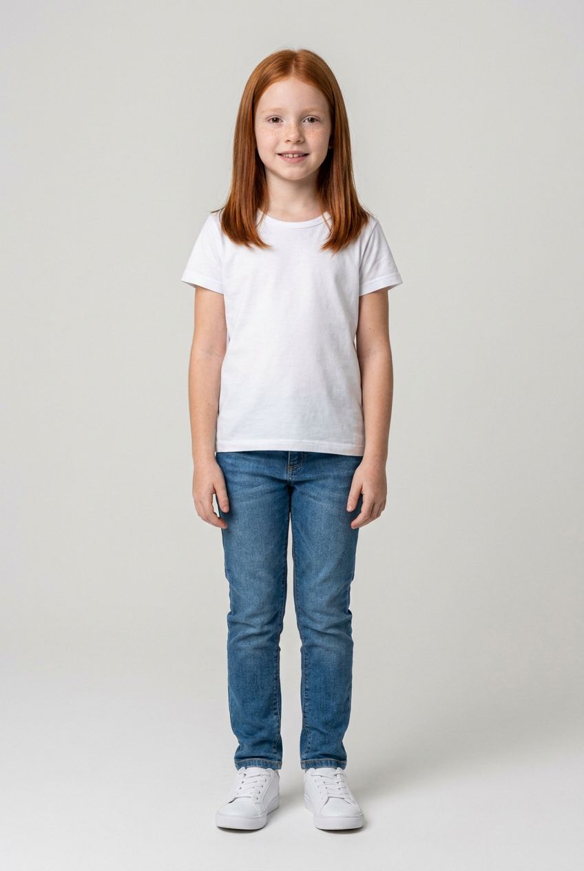 Clara, modelo infantil da casa, de corpo inteiro com camiseta branca e jeans em estúdio claro