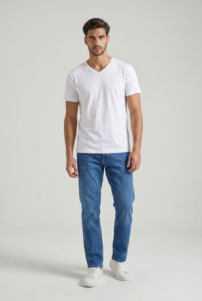 Davi, modelo da casa, de corpo inteiro com camiseta branca e jeans em estúdio claro