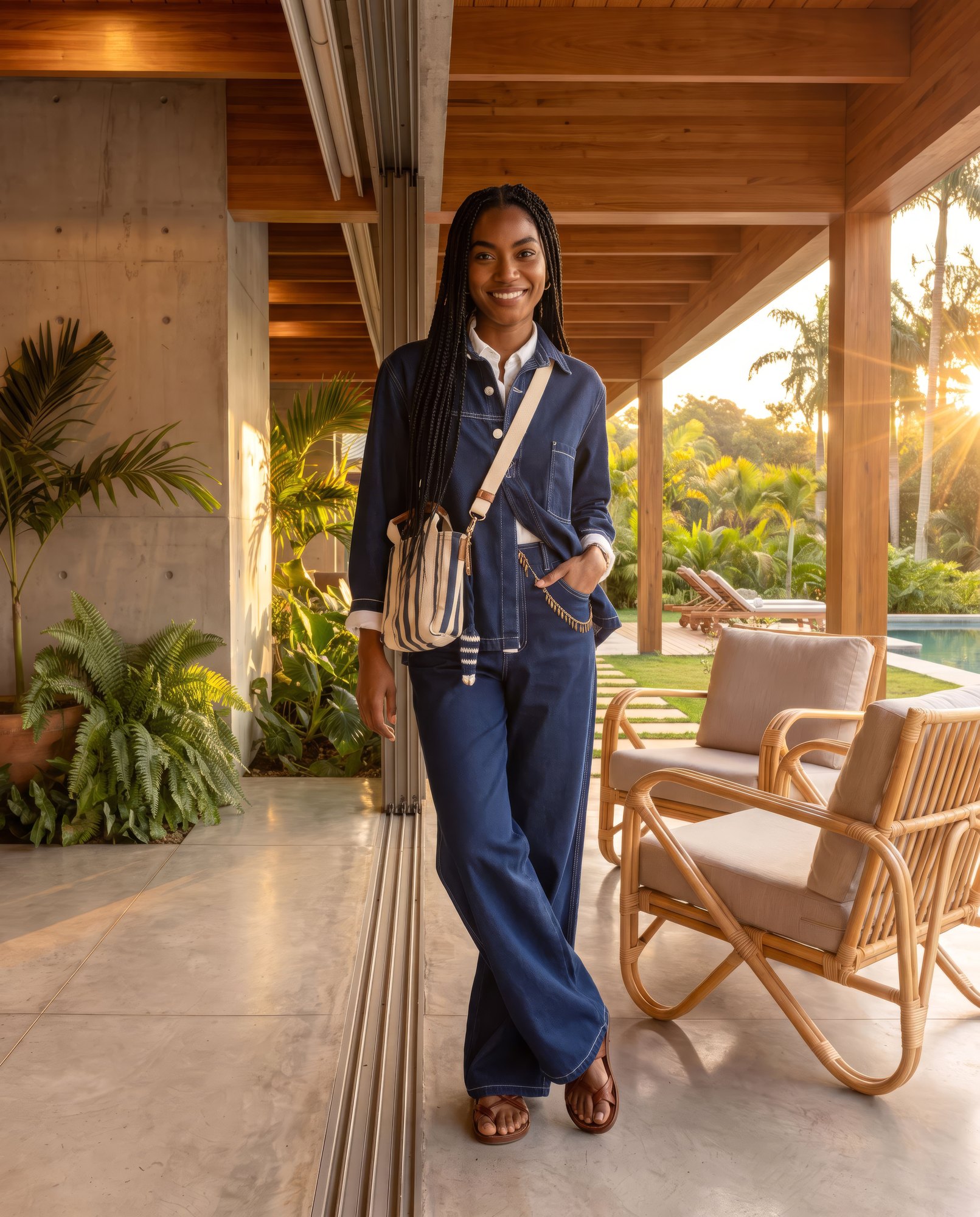 Moda feminina · conjunto jeans na varanda de uma casa ao entardecer