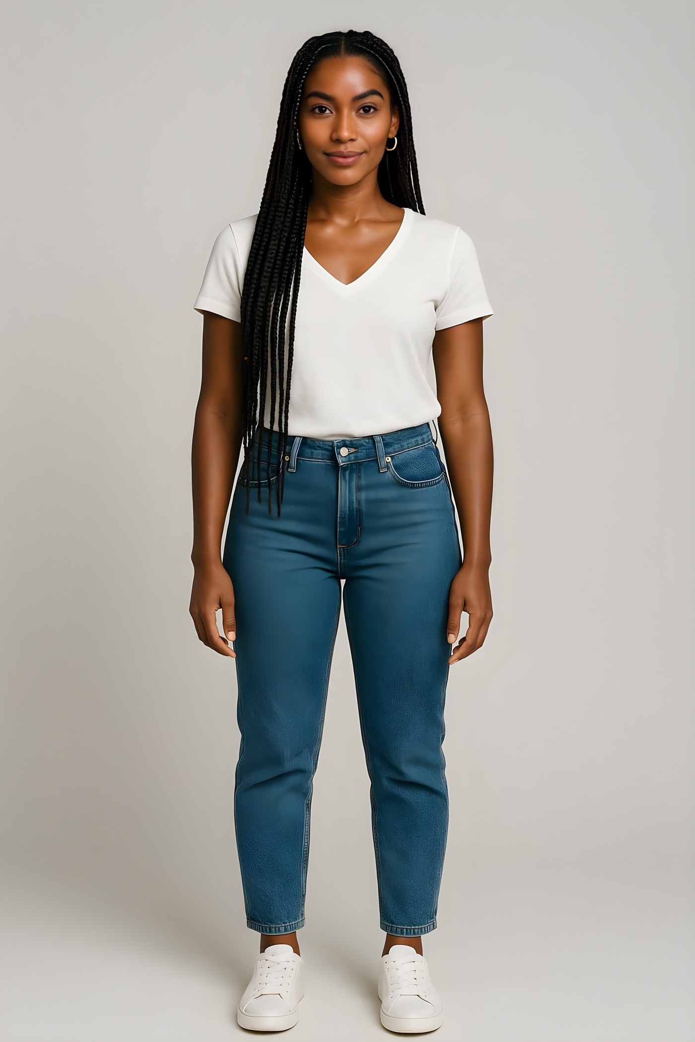 Isabela, modelo da casa, de corpo inteiro com camiseta branca e jeans em estúdio claro