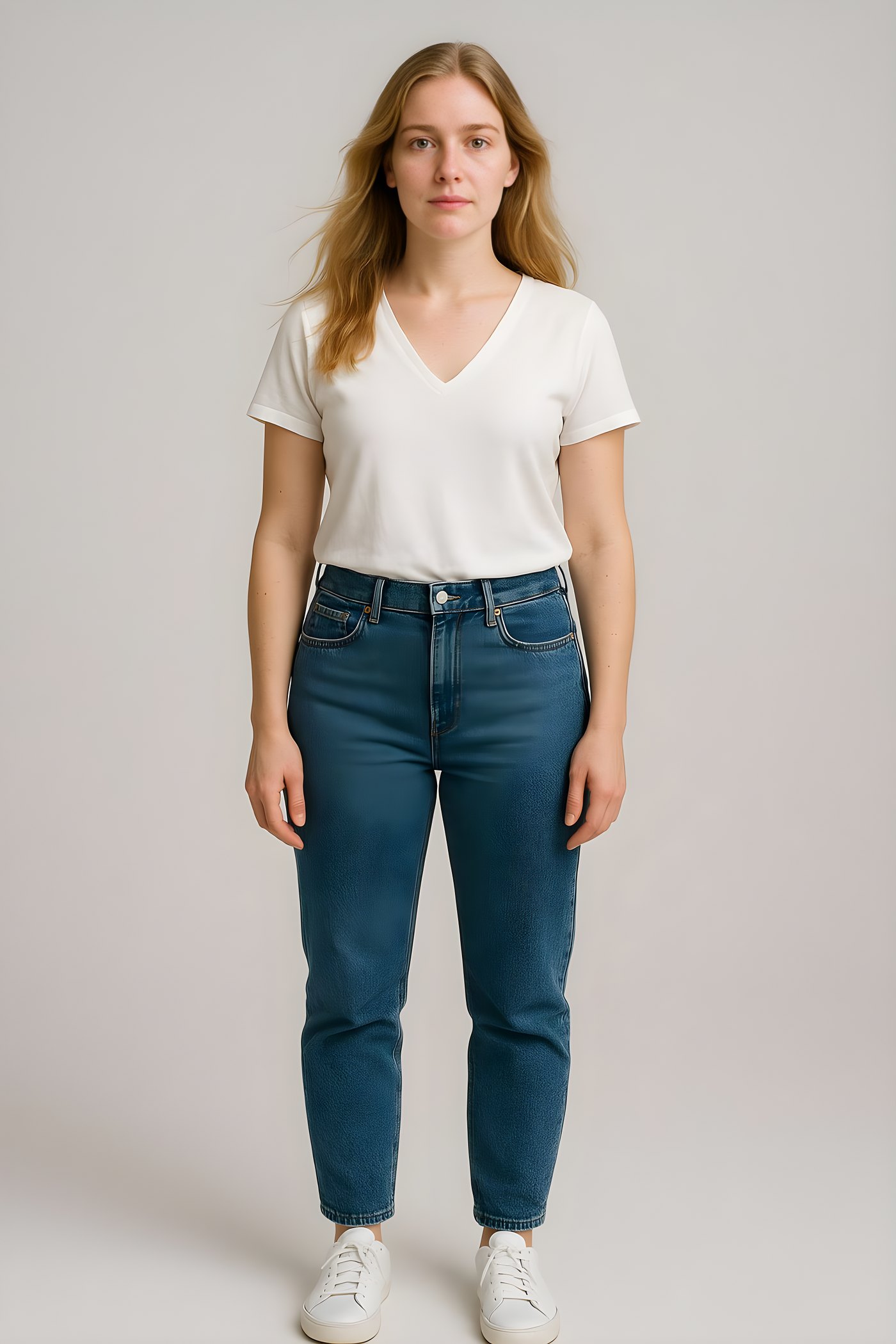 Luna, modelo da casa, de corpo inteiro com camiseta branca e jeans em estúdio claro