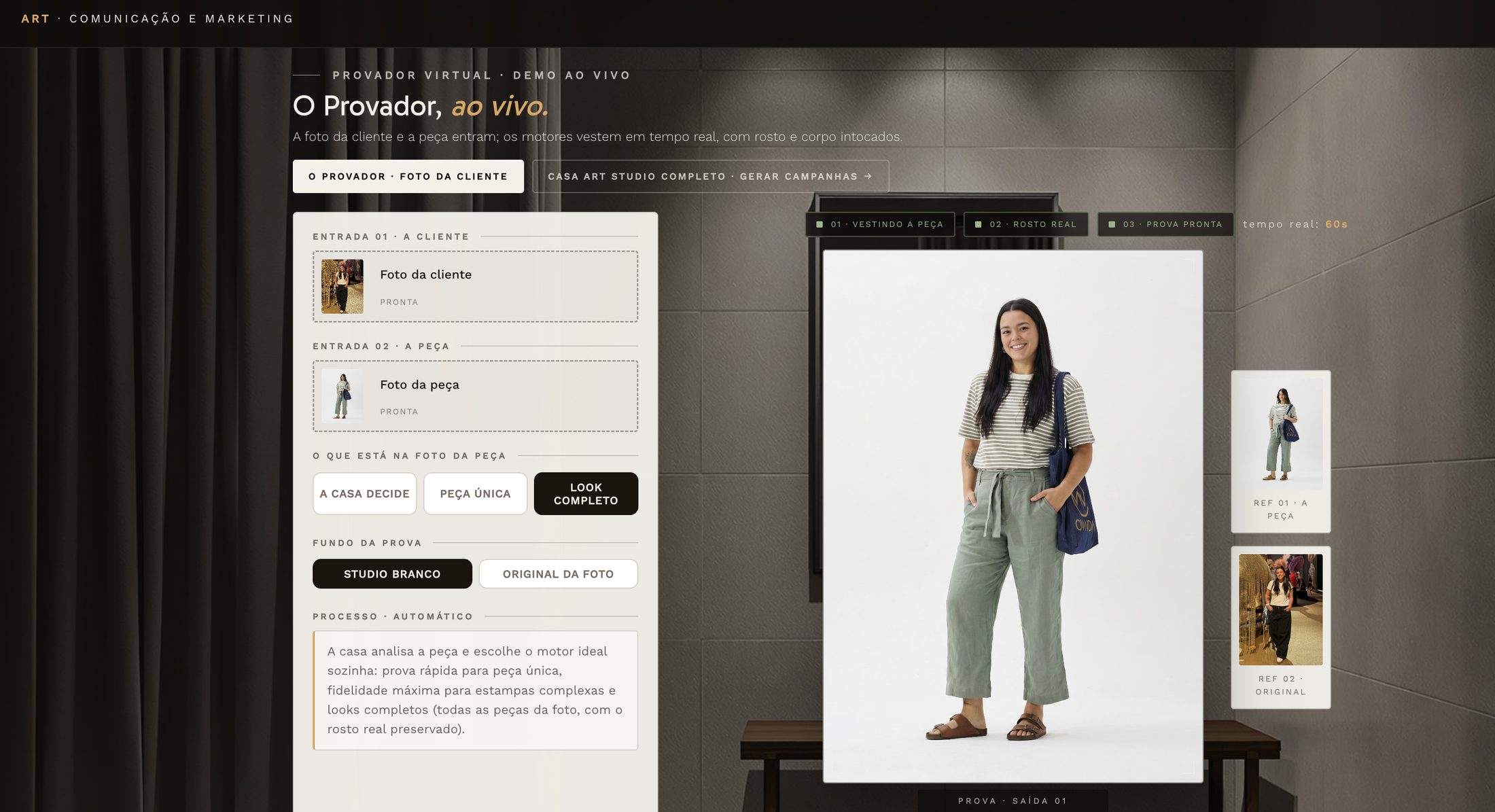 O Provador em ação: a peça vestida no corpo da cliente sobre o studio branco
