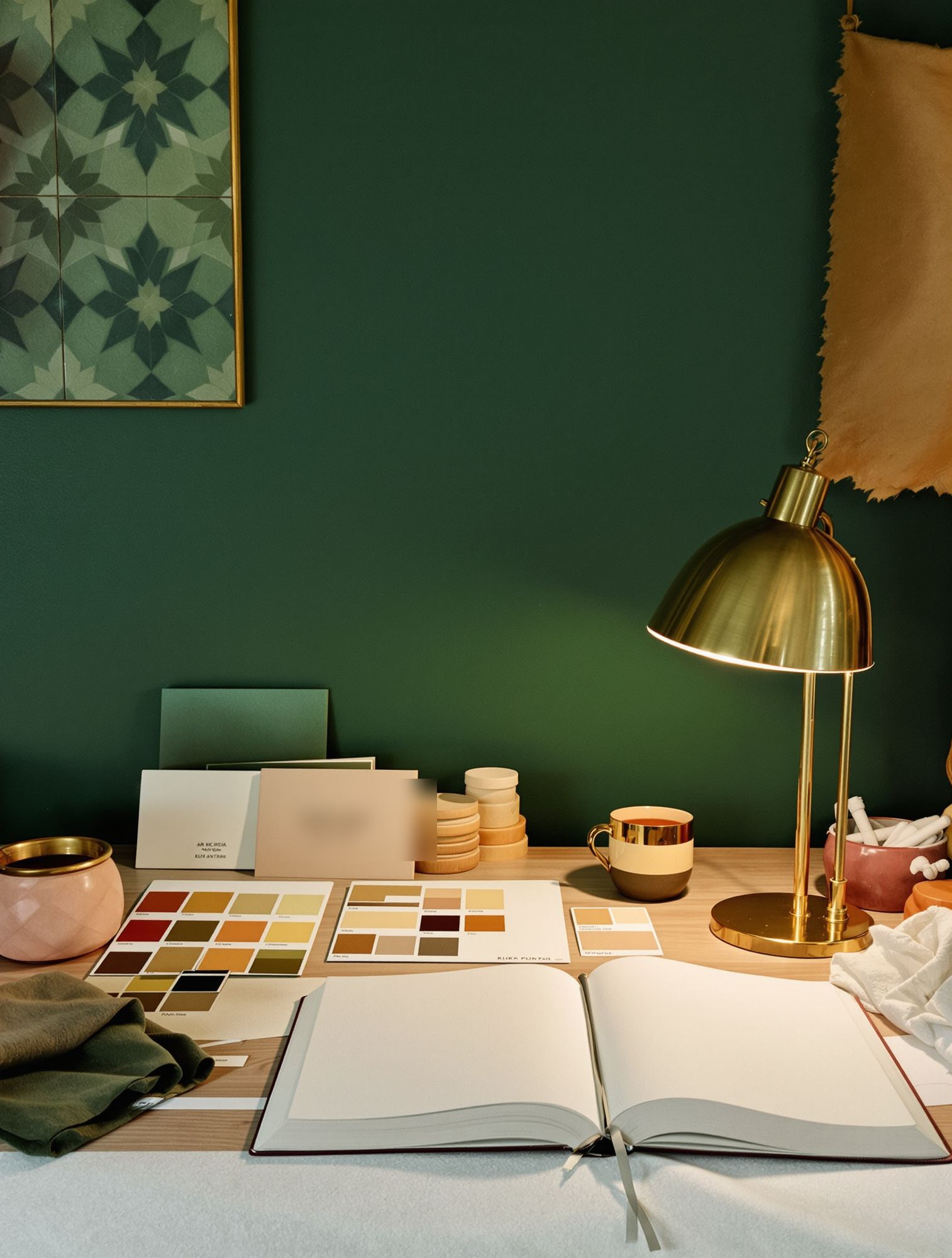 Cartelas de cor natural e caderno na bancada da casa