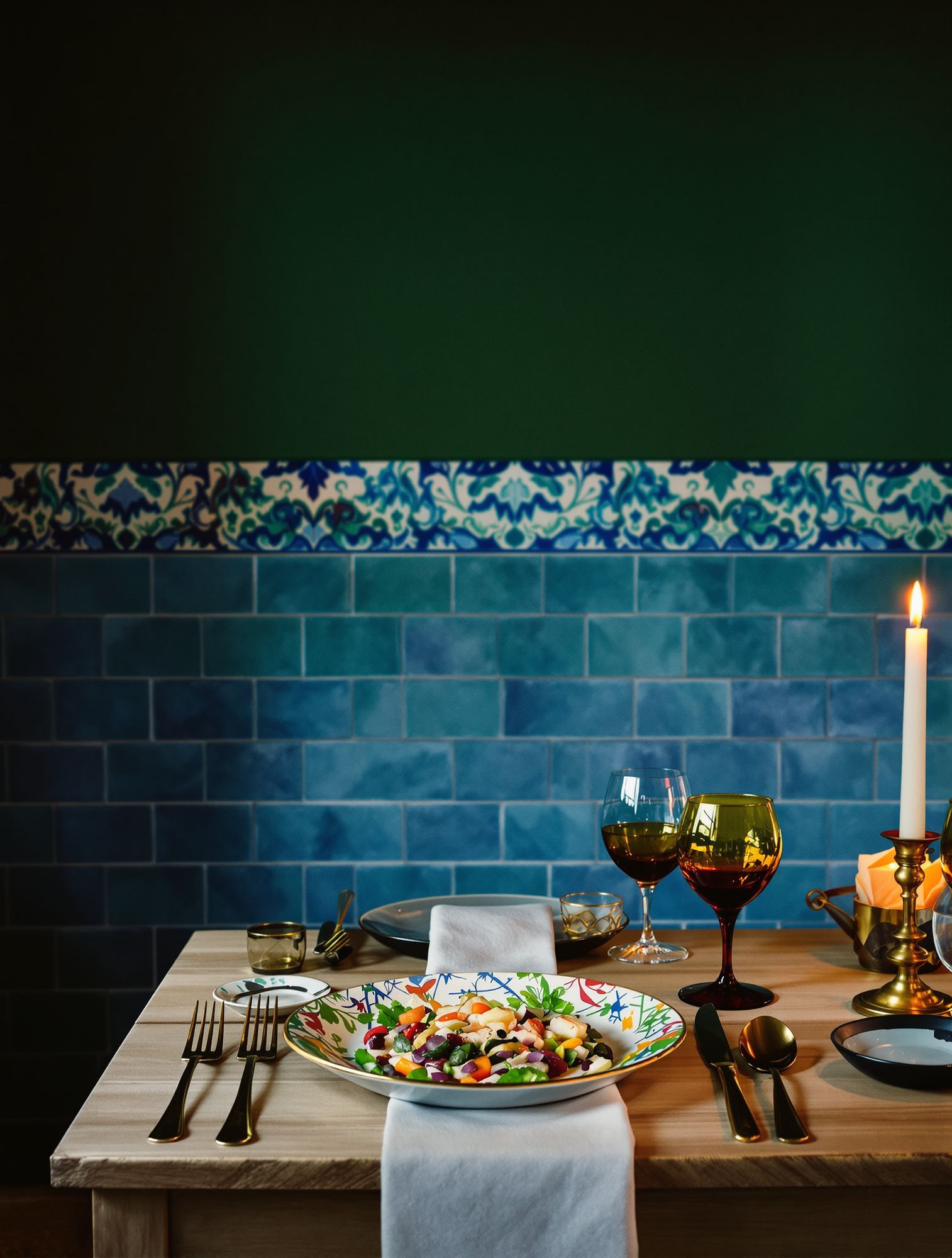 A mesa da casa: prato-cor à luz de vela